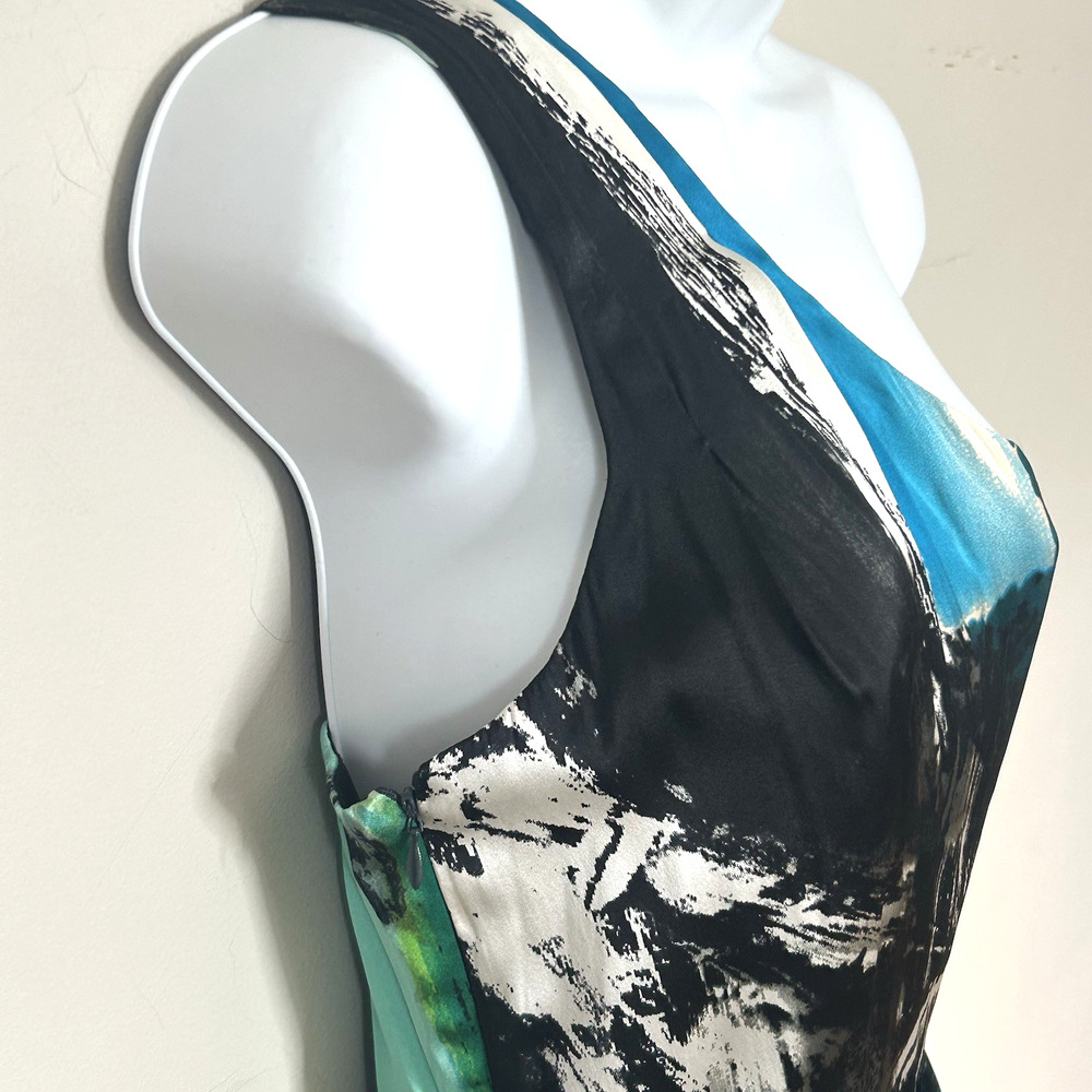 Black Halo Cocktail Dress Size 4 Silk Abstract One Shoulder Ruched Blue Black - Picture 5 of 11